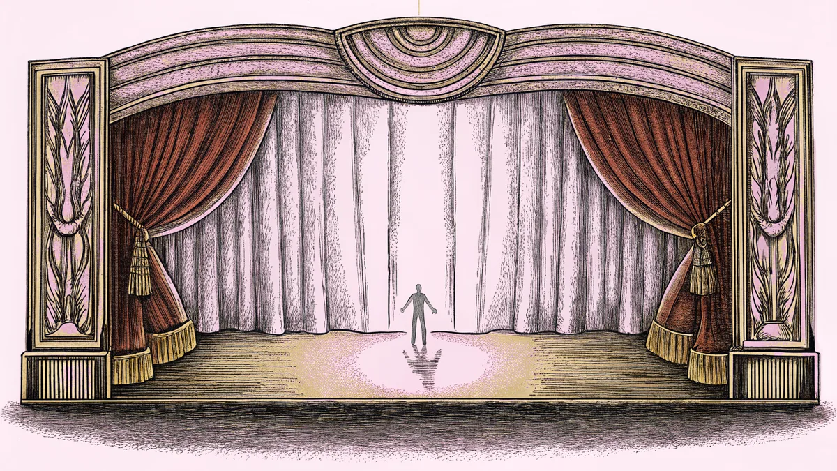 A performance stage with a solo dancer spotlit against dramatic lighting.
