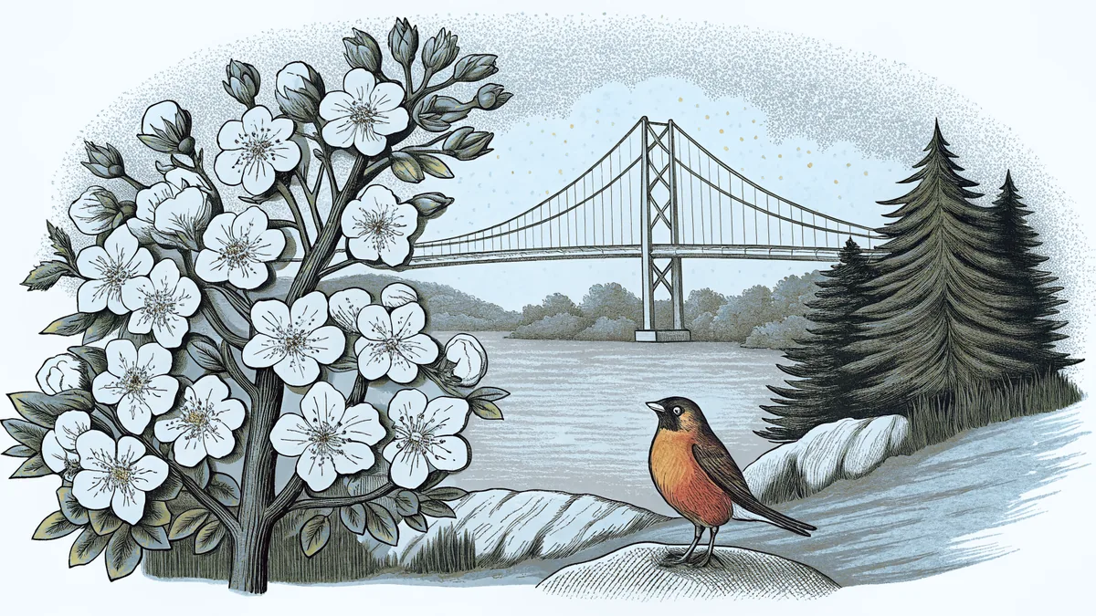 A robin sings among apple blossoms near white pine forests.