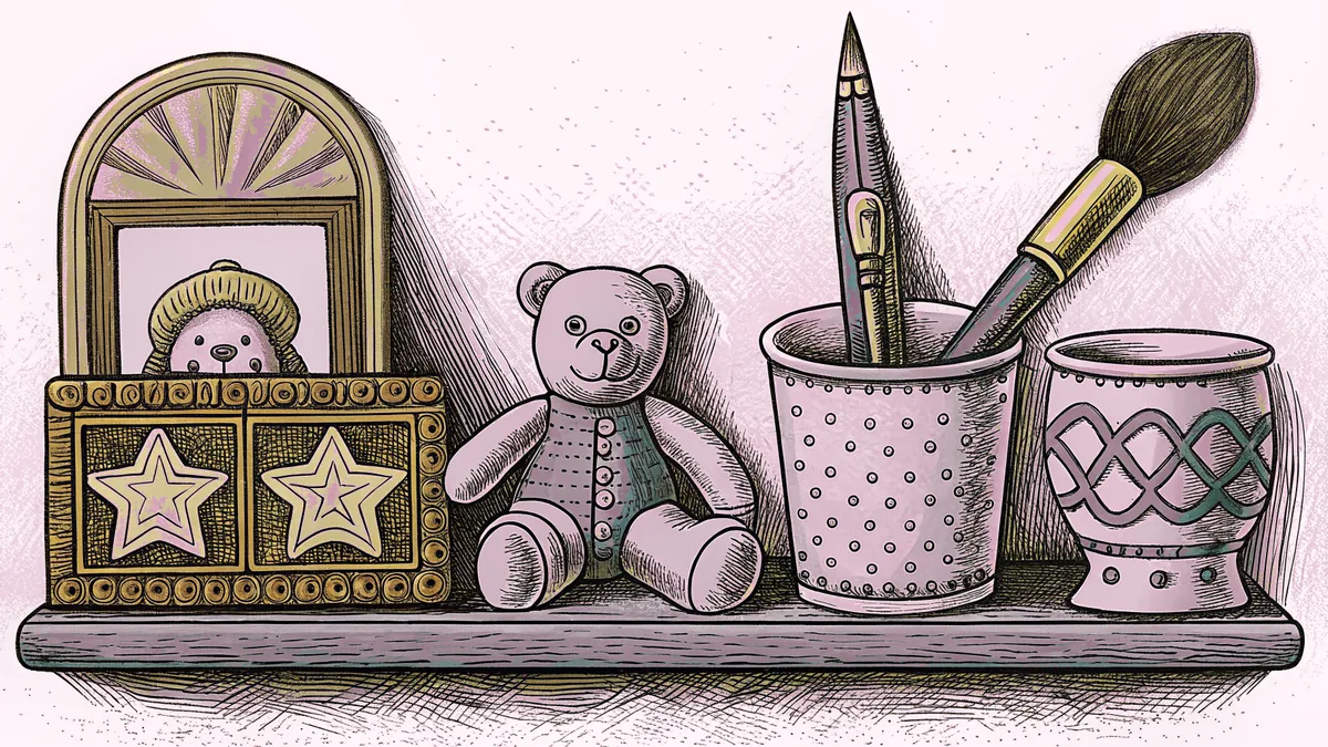 A paintbrush stands in a ceramic cup beside a wound music box and porcelain figurines on a pastel nursery shelf.