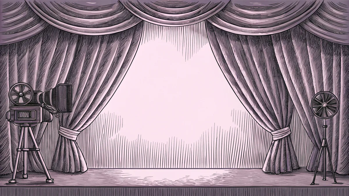 A vintage film projector sits near theatrical curtains and professional studio cameras.