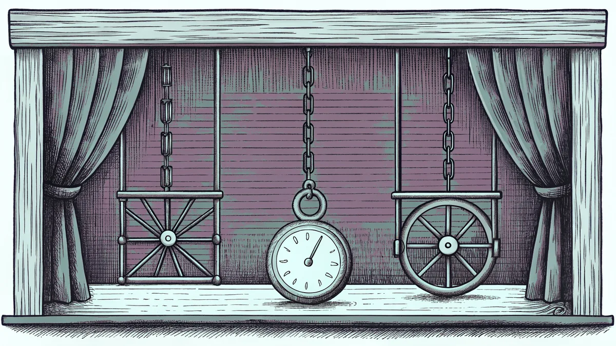A swinging pendulum, a stopwatch, and a wheel on an axle are arranged on a science table.