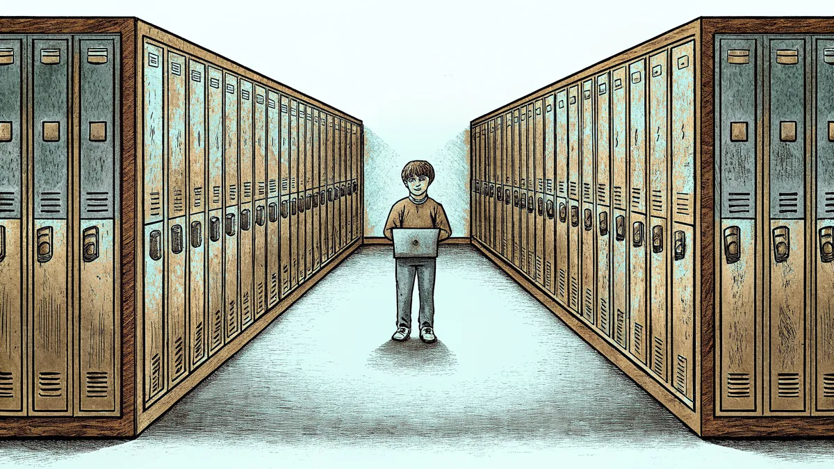 A school hallway lined with student lockers and a laptop on a desk.