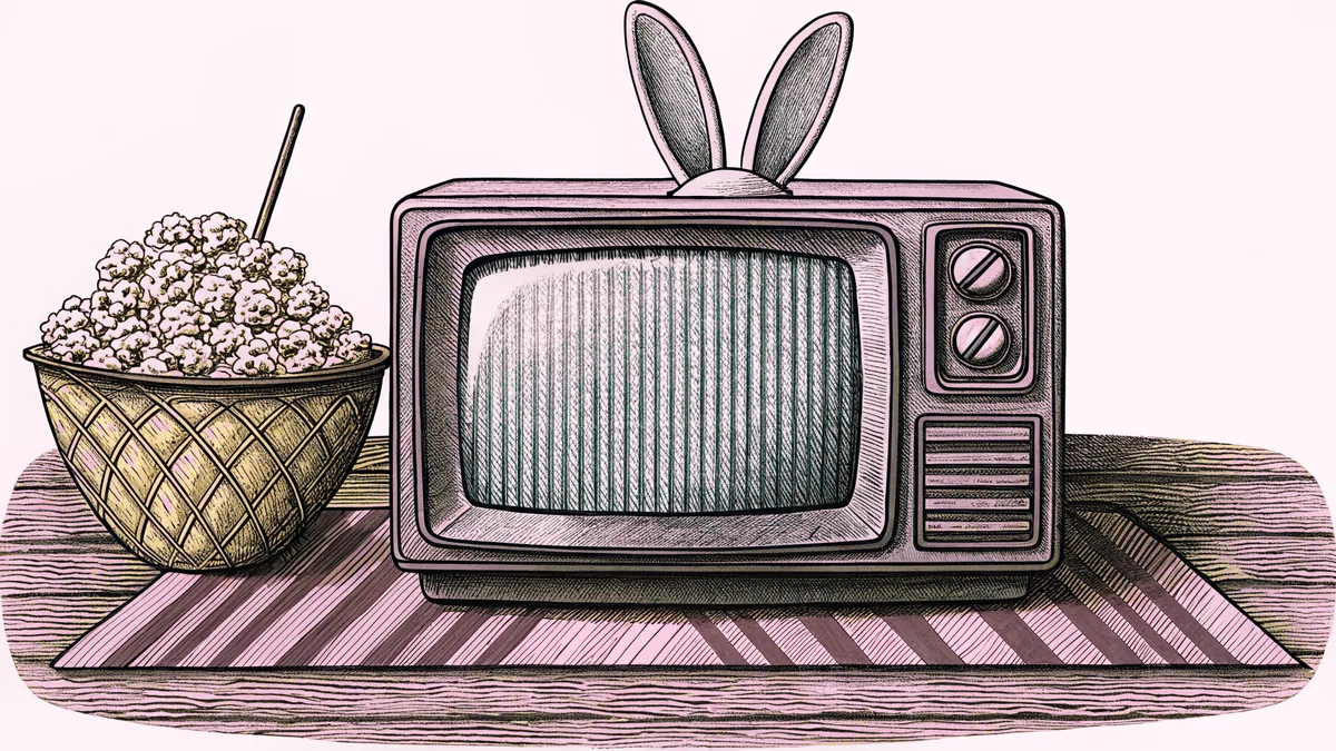 A television set with rabbit-ear antennae sits beside a bowl of popcorn on a living room rug.