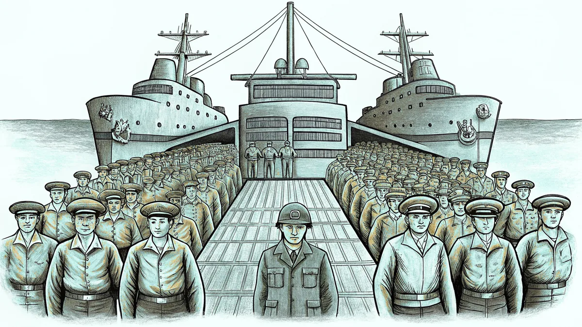 Soldiers in uniform with military vehicles and naval vessels in background.
