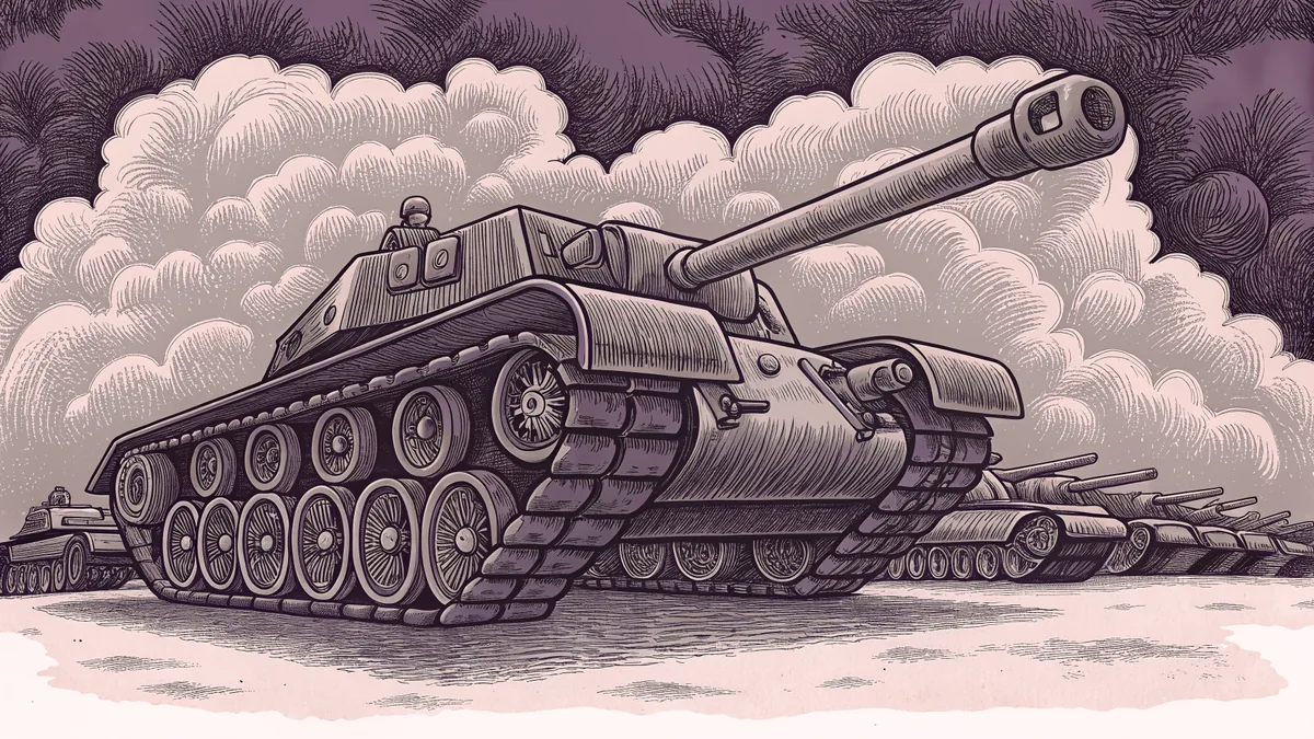 A military tank stands on rugged terrain with artillery and transport vehicles in support.