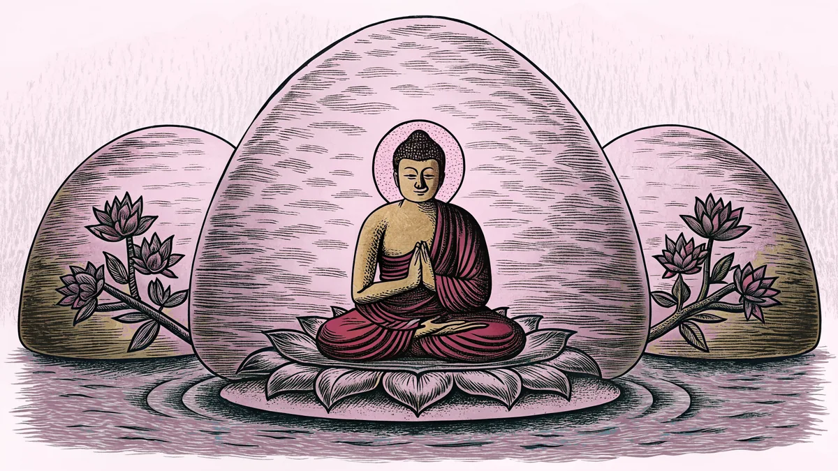 A meditative scene with a calm figure surrounded by quiet nature.