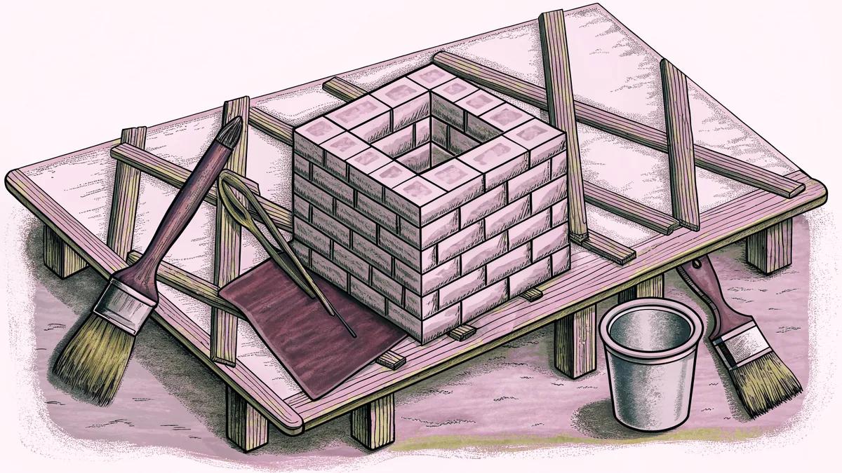Block-based building elements with art supplies arranged on a construction-themed workspace.