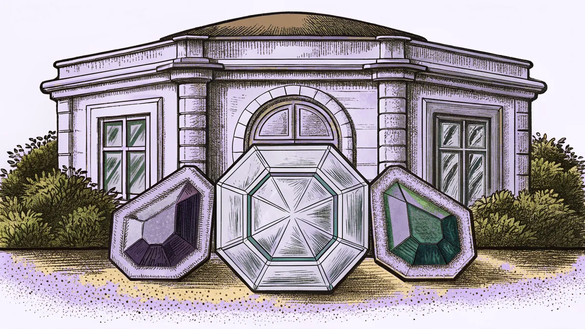 An arrangement of colorful polished gemstones on a dark surface.