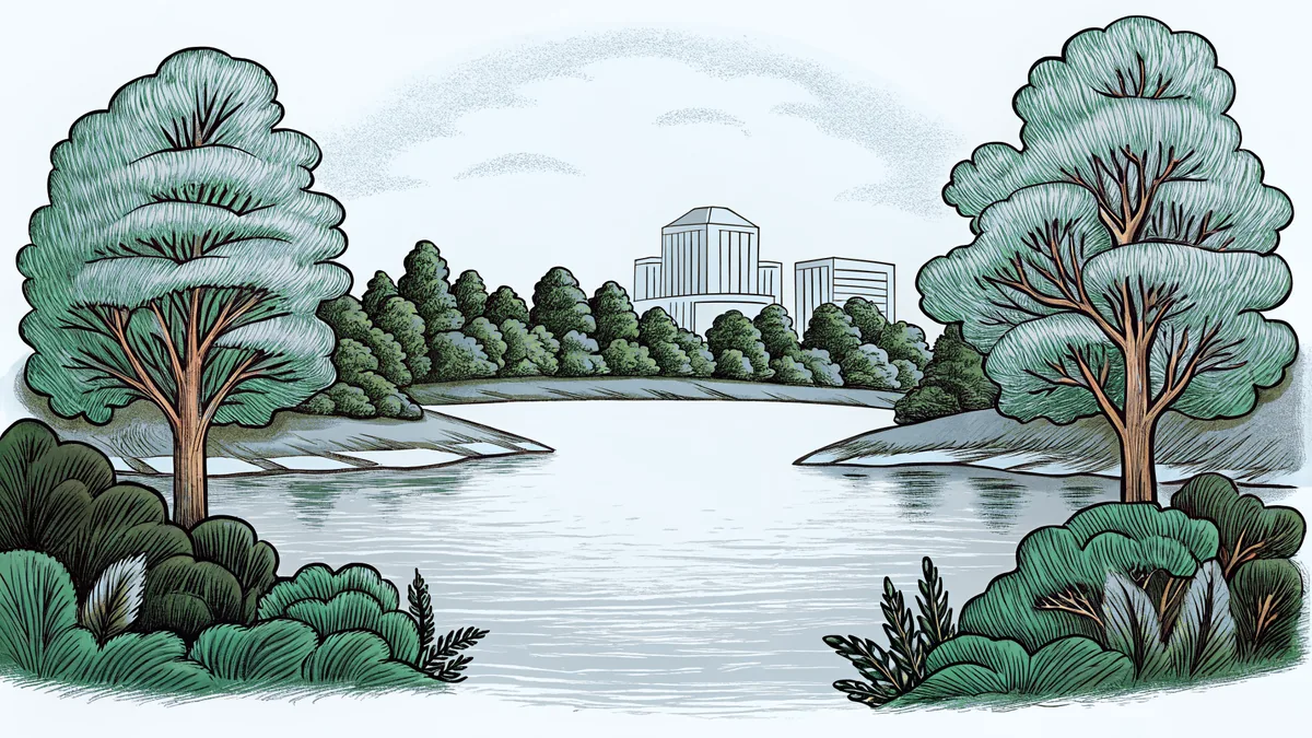 A serene lake mirroring city lights with a theater stage in the distance.