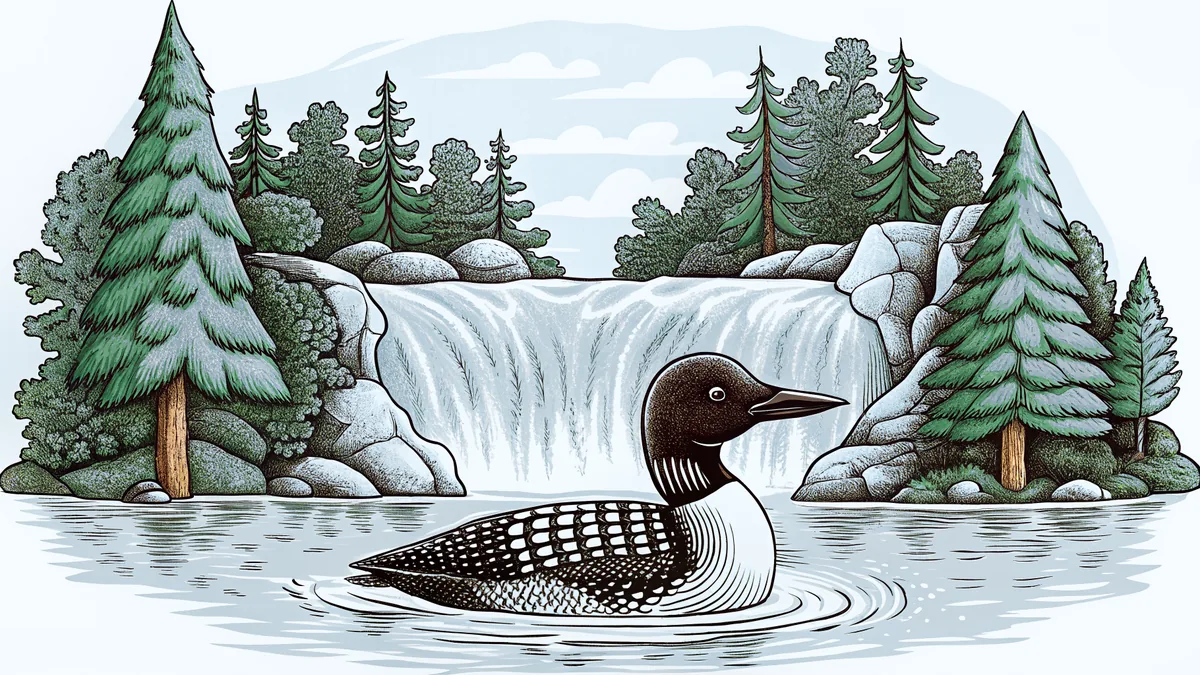 A loon floats on a Minnesota lake beneath red pines and distant waterfalls.