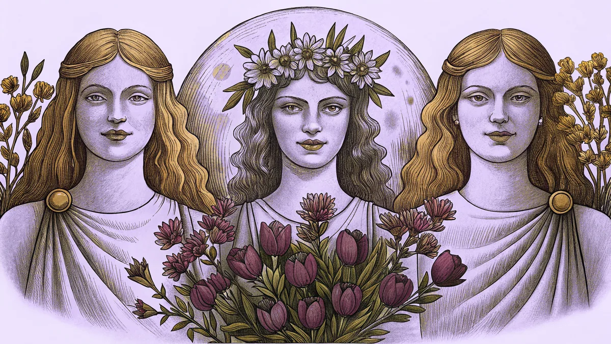 Roman deities including Flora with flowers, Luna with a crescent moon, and Victory.