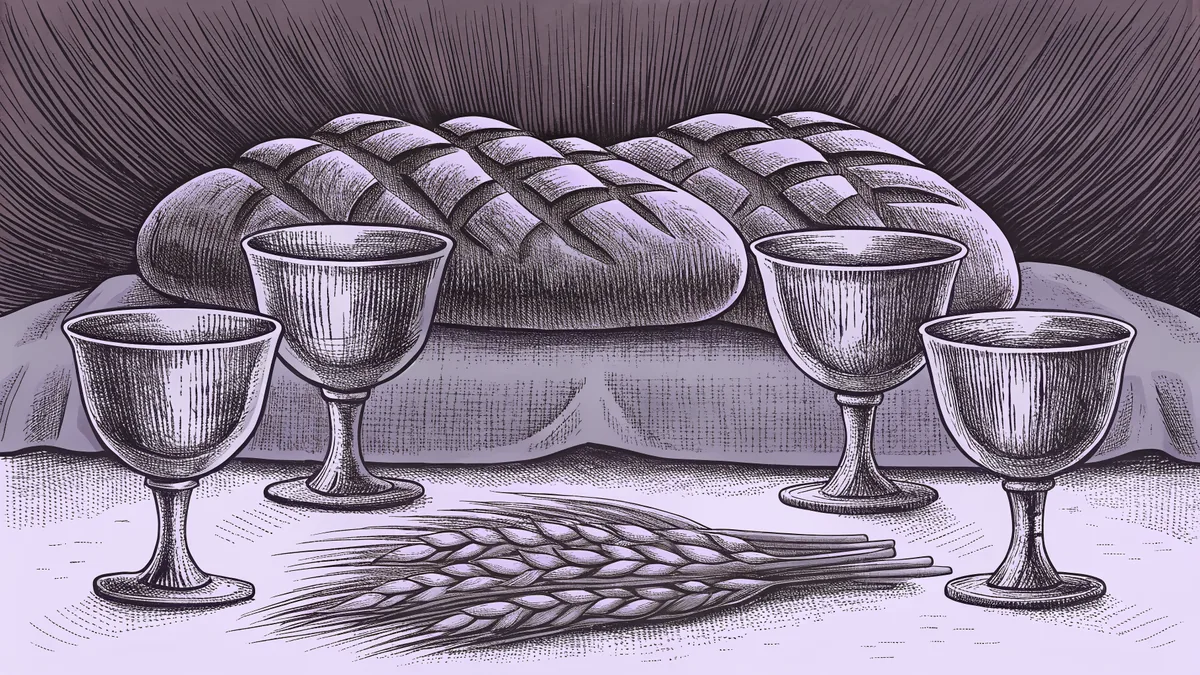 Bread, fish, and wine displayed to represent biblical miracles and acts of healing.