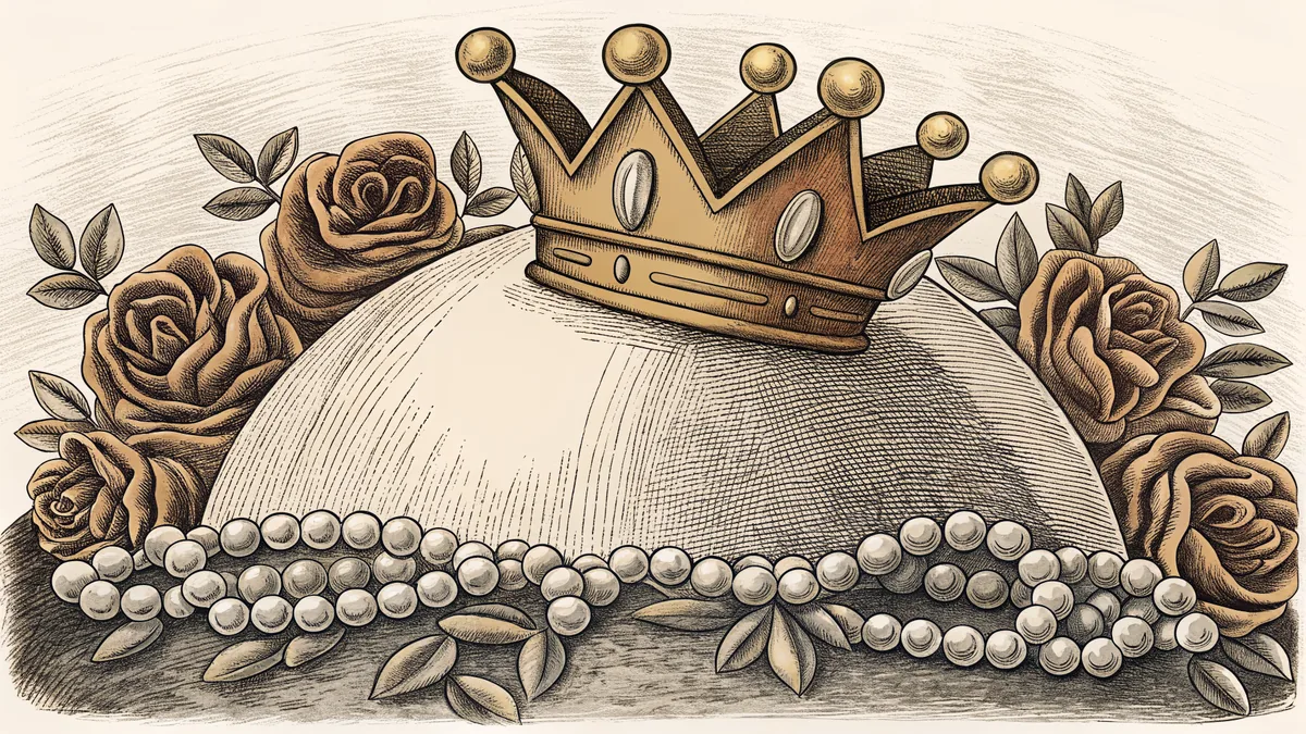 A jeweled crown displayed on a rotating world globe with flowers.