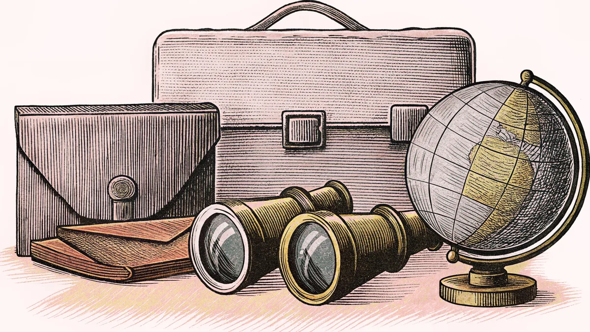 A spy's briefcase and binoculars rest on a desk with a globe and sealed envelope.