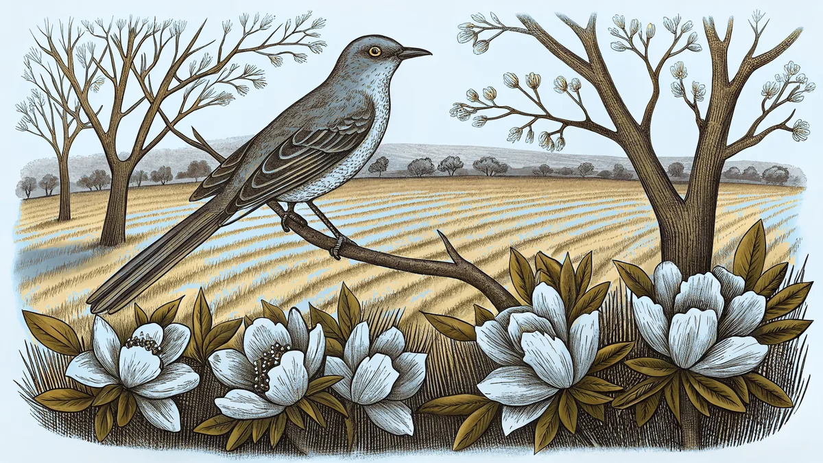 A mockingbird sings from a magnolia tree above cotton and muddy Mississippi waters.