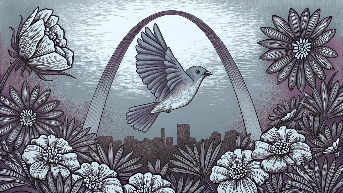 A bluebird soars near the Gateway Arch above blooming dogwood trees.