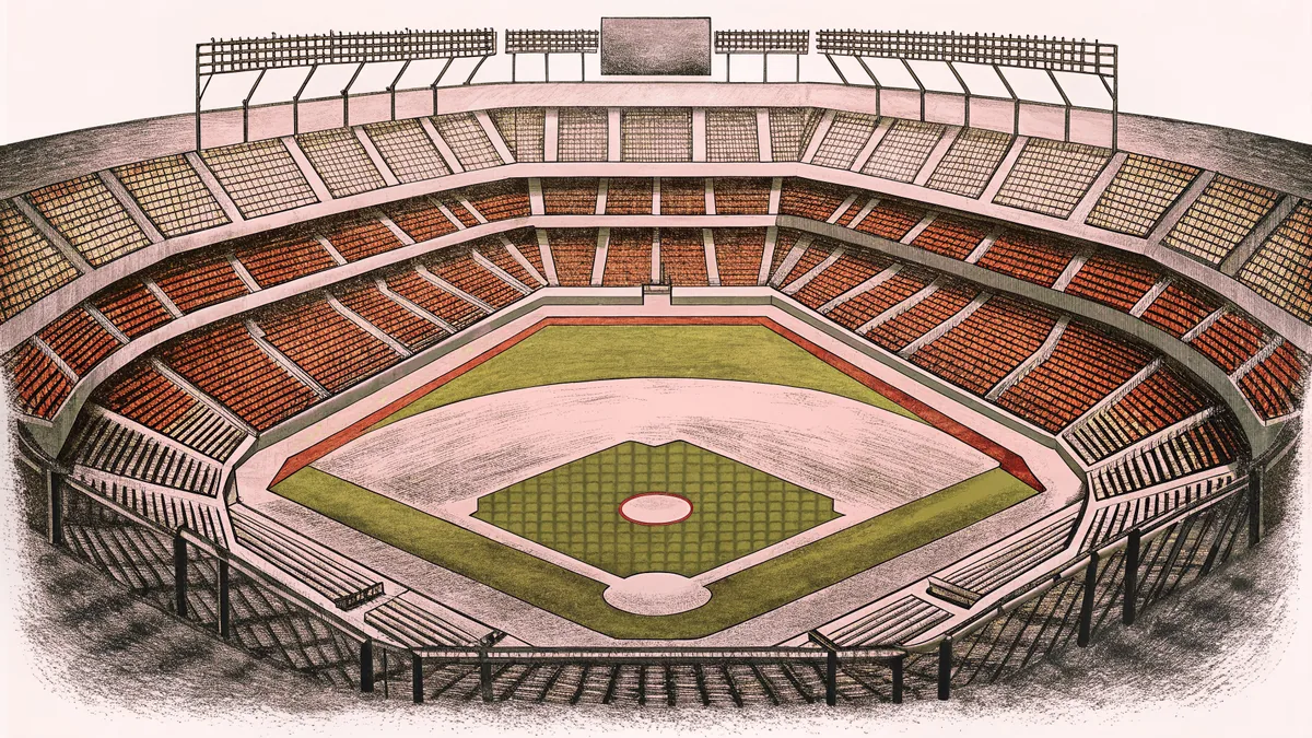 A vast baseball stadium features tall grandstands above a lush green playing field with a large scoreboard.