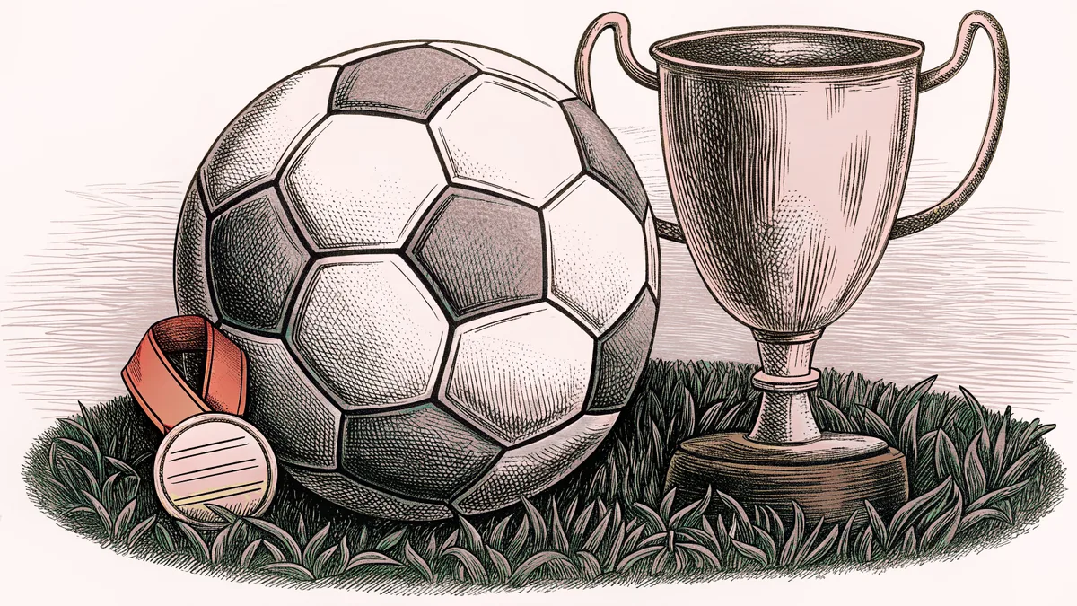 A soccer ball sits beneath a gleaming championship trophy with a medal nearby.