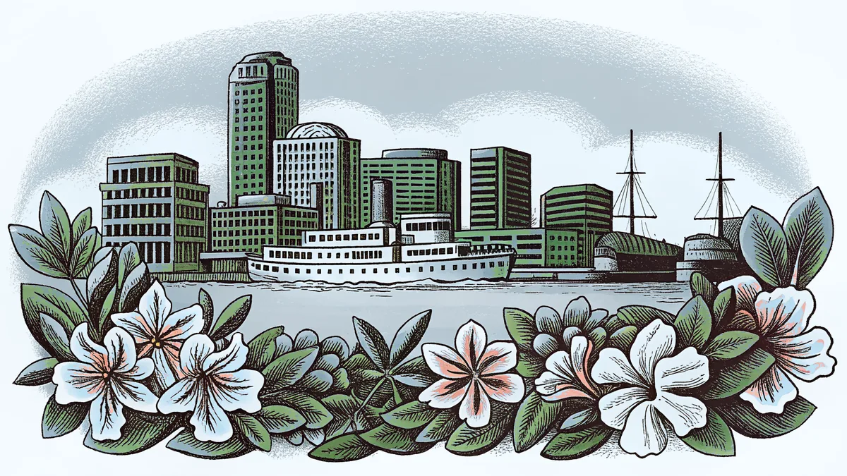 A vibrant waterfront city features ships, festivals, and flowering gardens