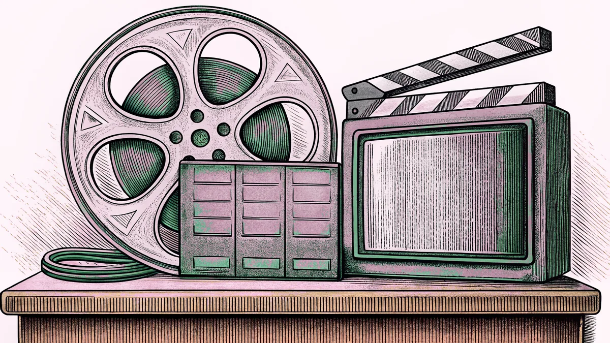 A film reel and boxy television set rest beside a clapper board on a counter.