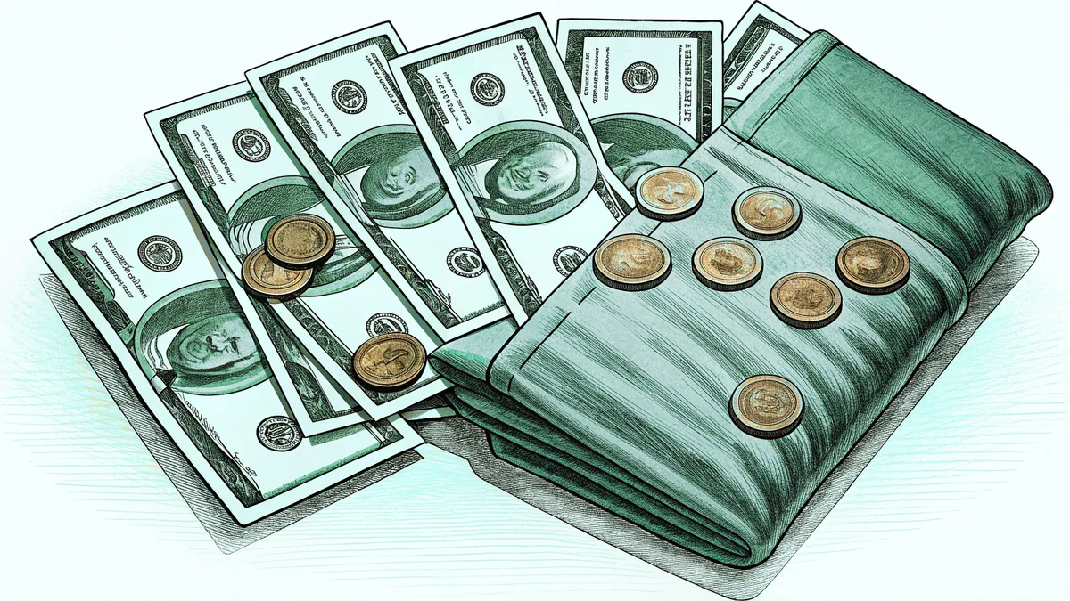 Assorted American coins and dollar bills arranged together.