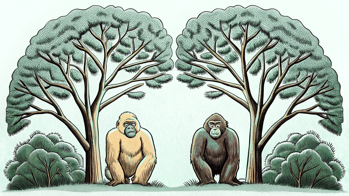 A gorilla and baboon perched on branches beneath a leafy forest canopy.