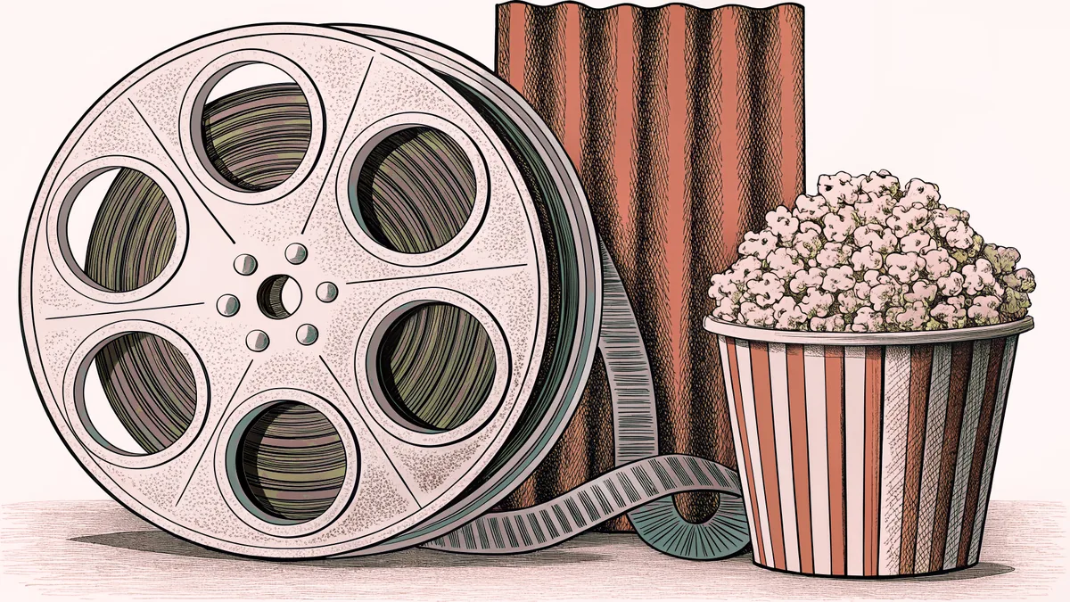 A film reel and classic red-and-white popcorn container sit on a cinema lobby counter under warm vintage lights.