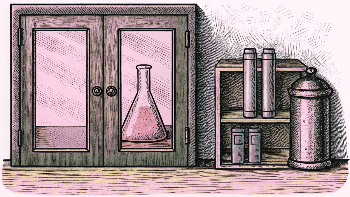 A glowing laboratory flask sits beside a miniature door model and metal canister on a dark lab shelf.