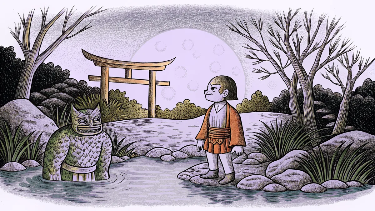 Fantastical Japanese spirits including a kappa and fox creature by moonlit water.