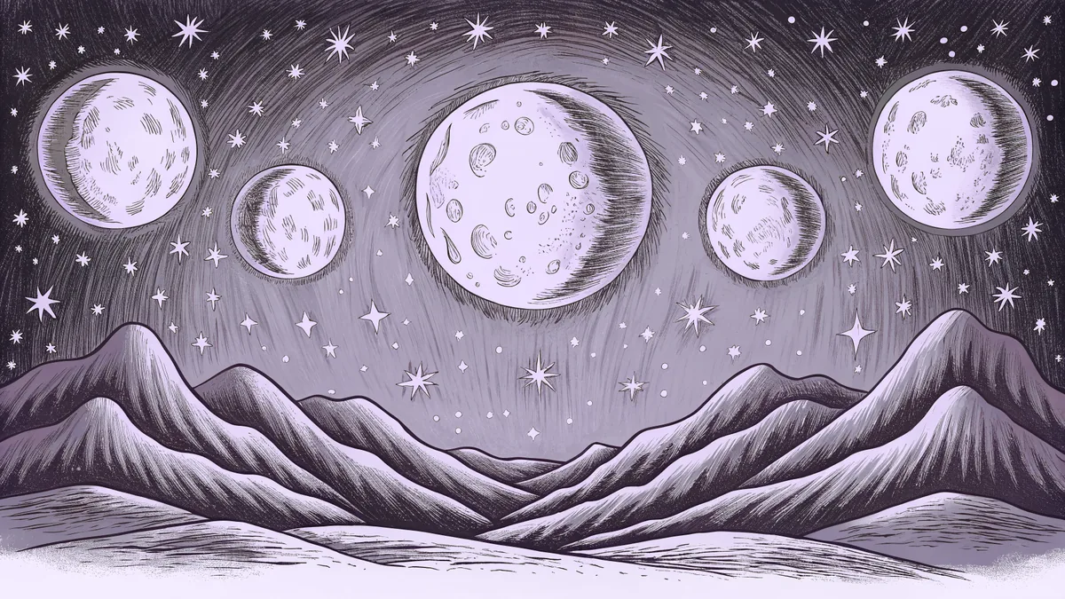 Night sky with twinkling stars and moon phases above mountains.