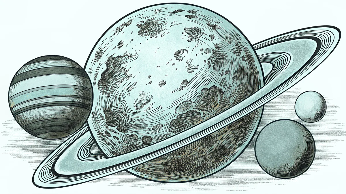 Earth's moon and distant planetary moons orbit in the vast emptiness of cosmic space.