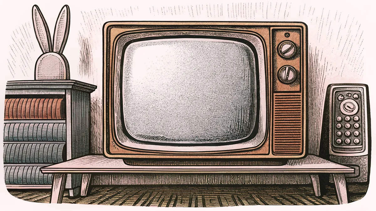 A classic boxy television with rabbit-ear antennae sits on a wooden side table next to a retro remote control.