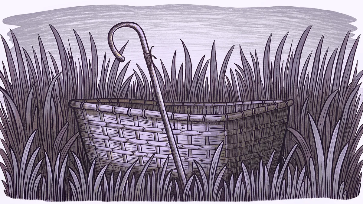 A woven reed basket and a curved wooden staff resting among tall rushes.