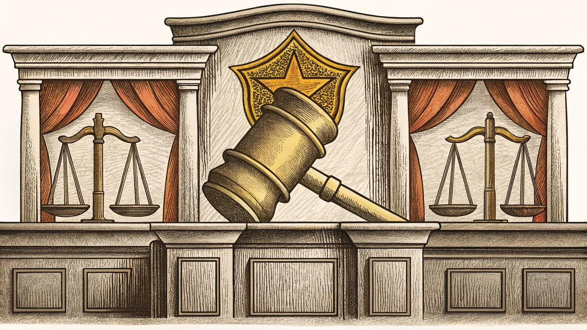 A police badge and gavel on a desk symbolizing criminal justice.