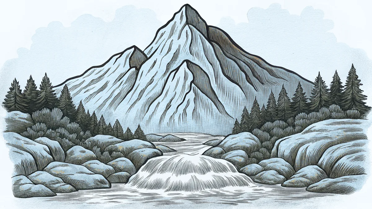 Above a river gorge, a mountain peak rises with white-water rapids