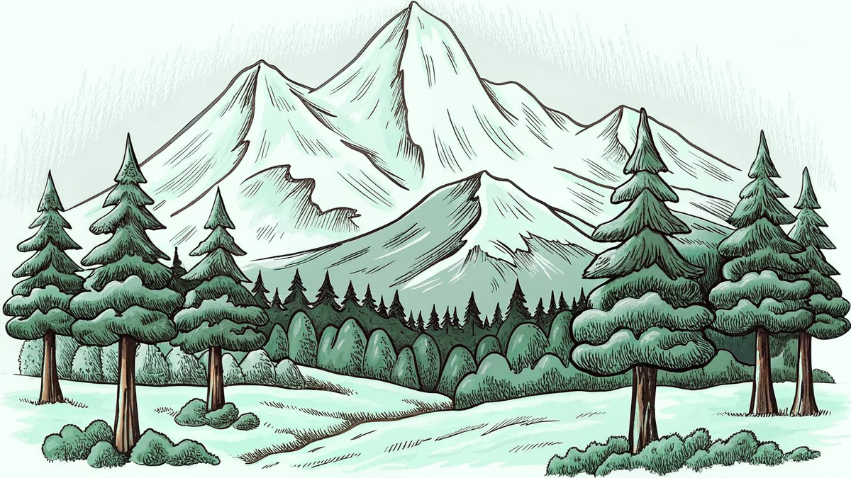 Alpine landscape with snow-covered peaks, glaciers, and evergreen forests below.