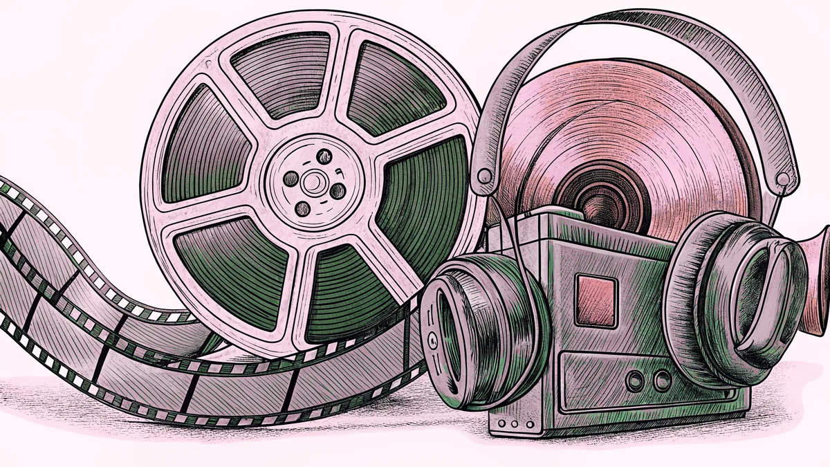 A film strip and old movie camera rest beside a vinyl record and headphones.