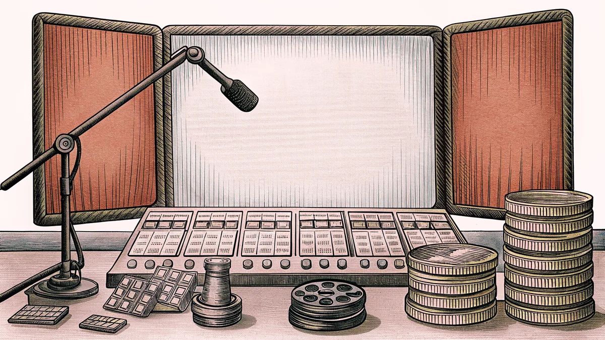 Professional audio and film equipment positioned on a studio control-room workspace console.