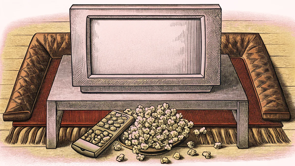 Vintage television equipment and snacks arranged casually on a home entertainment area rug.
