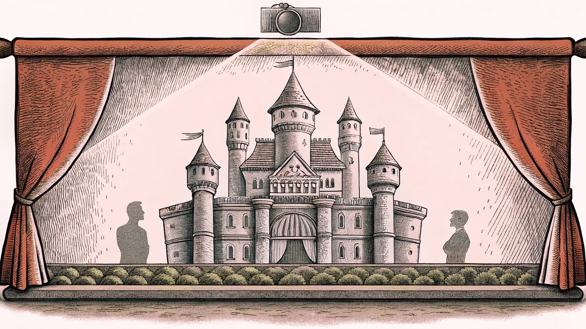 A castle outline projected from a film projector onto a theater wall above a concession counter.