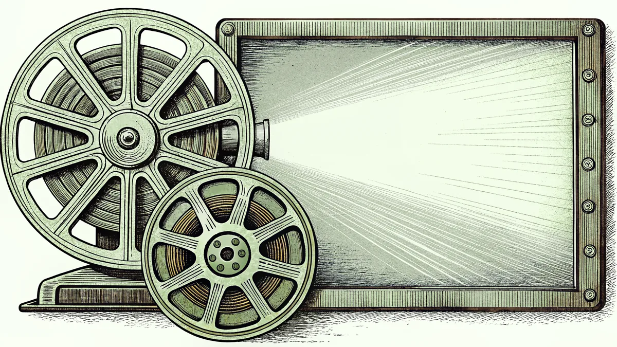 A film reel and vintage projector beam light onto a white screen for projection.