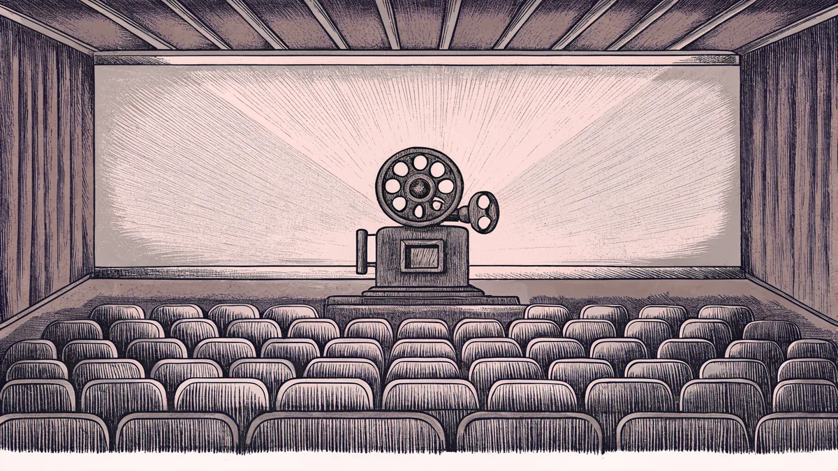 Filmmaking equipment arranged on a shelf: a projector lens with film canisters and cinema seat rows in the background.