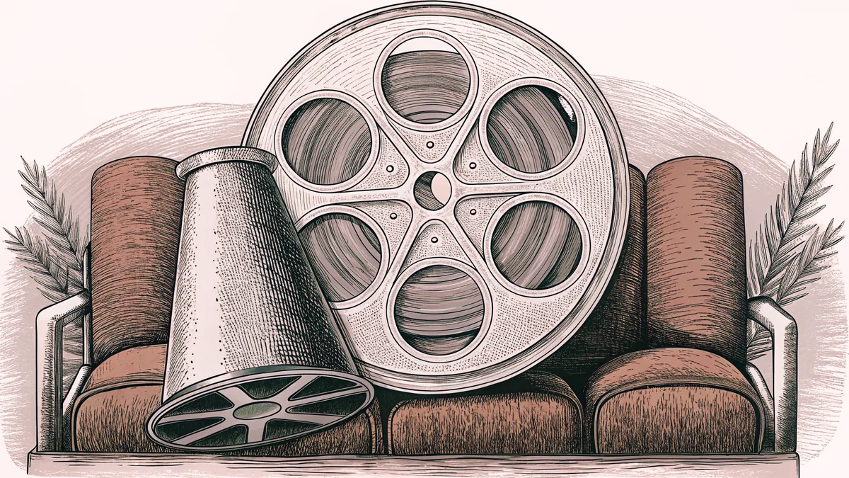 Movie theater elements including a film reel and stage spotlight arranged on classic cinema seating.