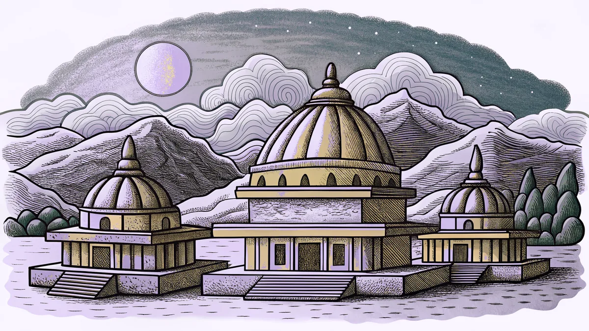 The sun and moon hang over ancient temples perched on high peaks.