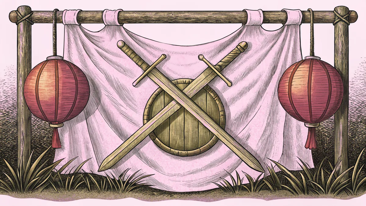 A sword and shield cross on a silk tapestry beside red paper lanterns suspended from a wooden beam.