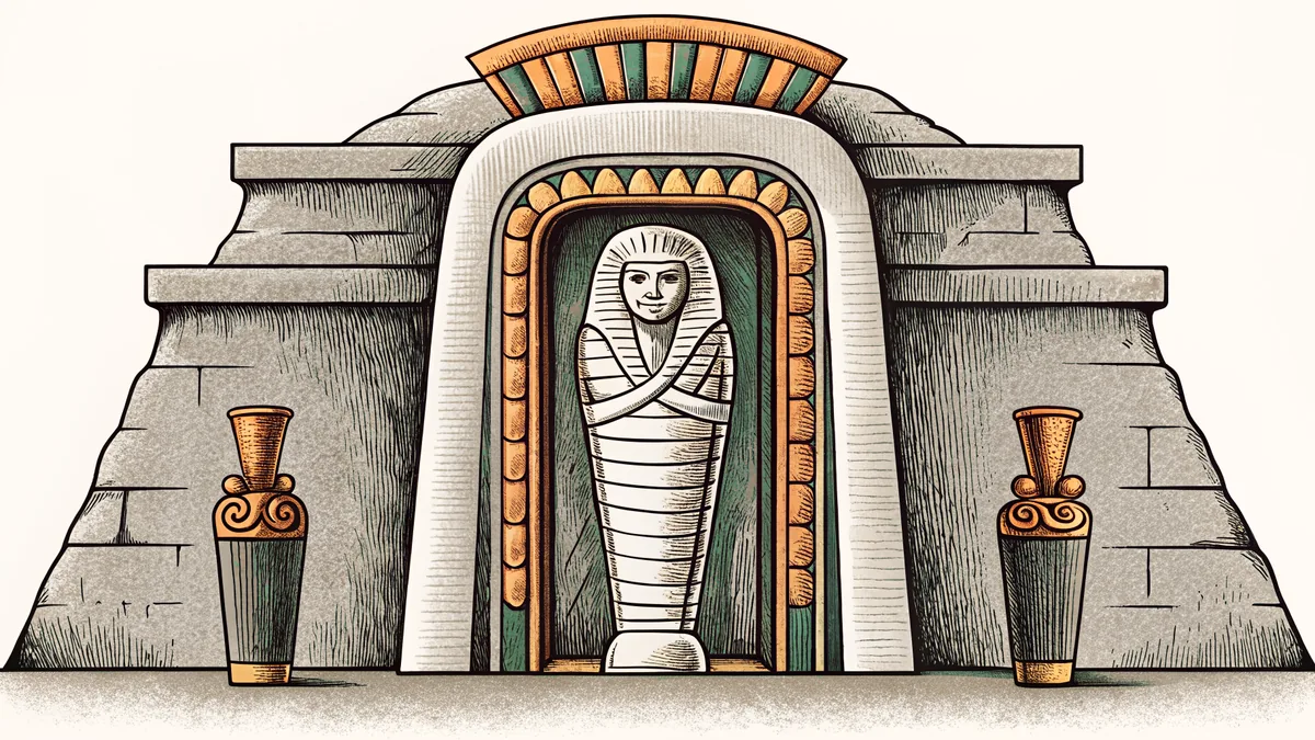 An ancient Egyptian mummy displayed in a decorated stone sarcophagus inside a pyramid.
