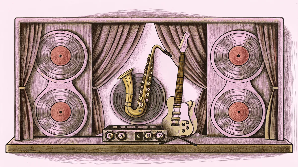 A colorful vinyl record sits beside a spinning turntable with a saxophone and acoustic guitar leaning nearby.