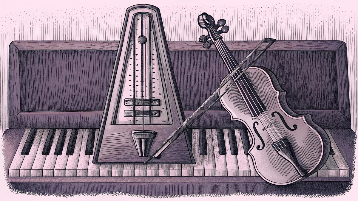 A violin sits beside a metronome and piano keyboard in a bright music studio.
