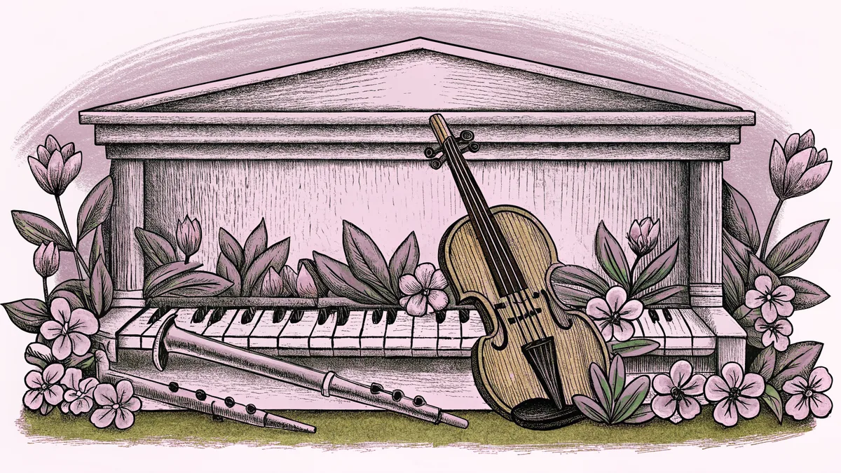 A grand piano stands beside a violin, bow, and resting flute.