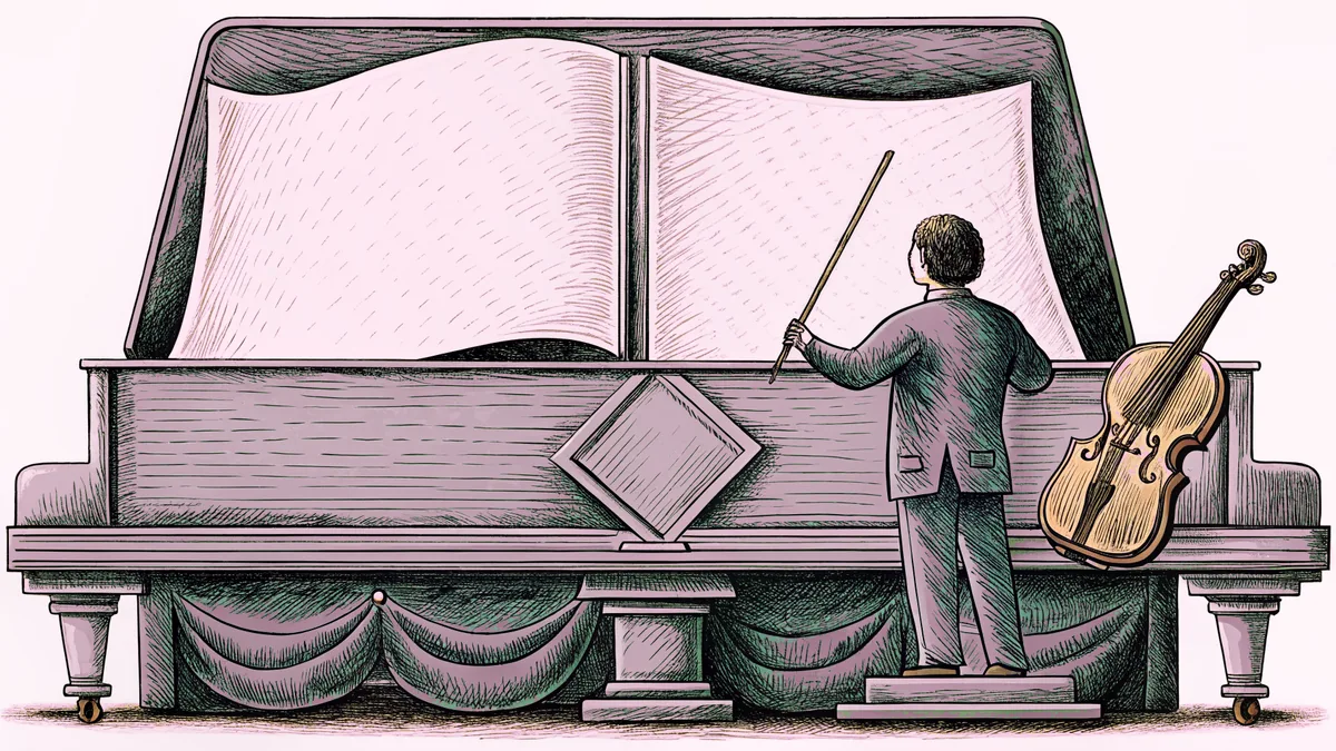 A conductor's baton rests on a wooden podium beside a grand piano and violin.